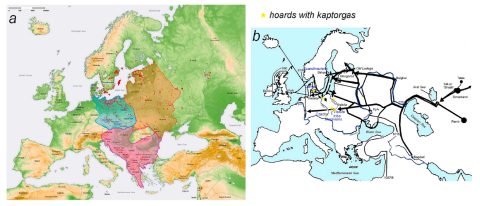 a - mapa Europy z zaznaczonymi znaleziskami dirhemów (czerwone punkty) (Gruszczyński, 2016, rys. 1) oraz zaznaczonymi obszarami zajmowanymi przez plemiona słowiańskie (VII-X w.) - grupa wschodnia (obszar pomarańczowy), południowa (obszar różowy), zachodnia (obszar niebieski), b - szlaki napływu dirhemów azjatyckich do Europy Środkowej (Blanchard, 2001, 347). We wczesnym średniowieczu w Europie Środkowej dirhemy były głównym źródłem srebra.