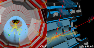 Candidate event displays of a Higgs boson decaying into two muons as recorded by CMS (left) and ATLAS (right). (Image: CERN)