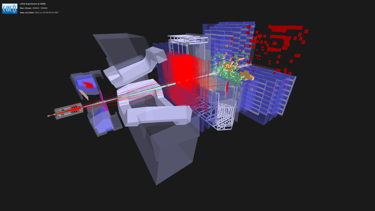 Wizualizacja zderzenia proton-proton zarejestrowanego w eksperymencie LHCb podczas tzw. Run 3 w 2022 roku. Źródło: CERN