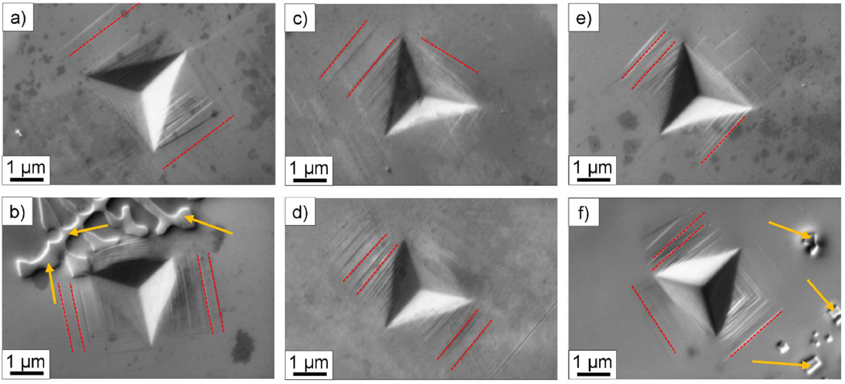 Obrazy próbek po nanoindentacji wykonane przy pomocy skaningowego mikroskopu elektronowego (SEM). Próbki a, c, d przedstawiają materiał przed napromienianiem, próbki b, d, e - po napromienianiu. Widoczne są ślady poślizgu (czerwone linie) oraz powstałe węgliki (wskazywane przez żółte strzałki)