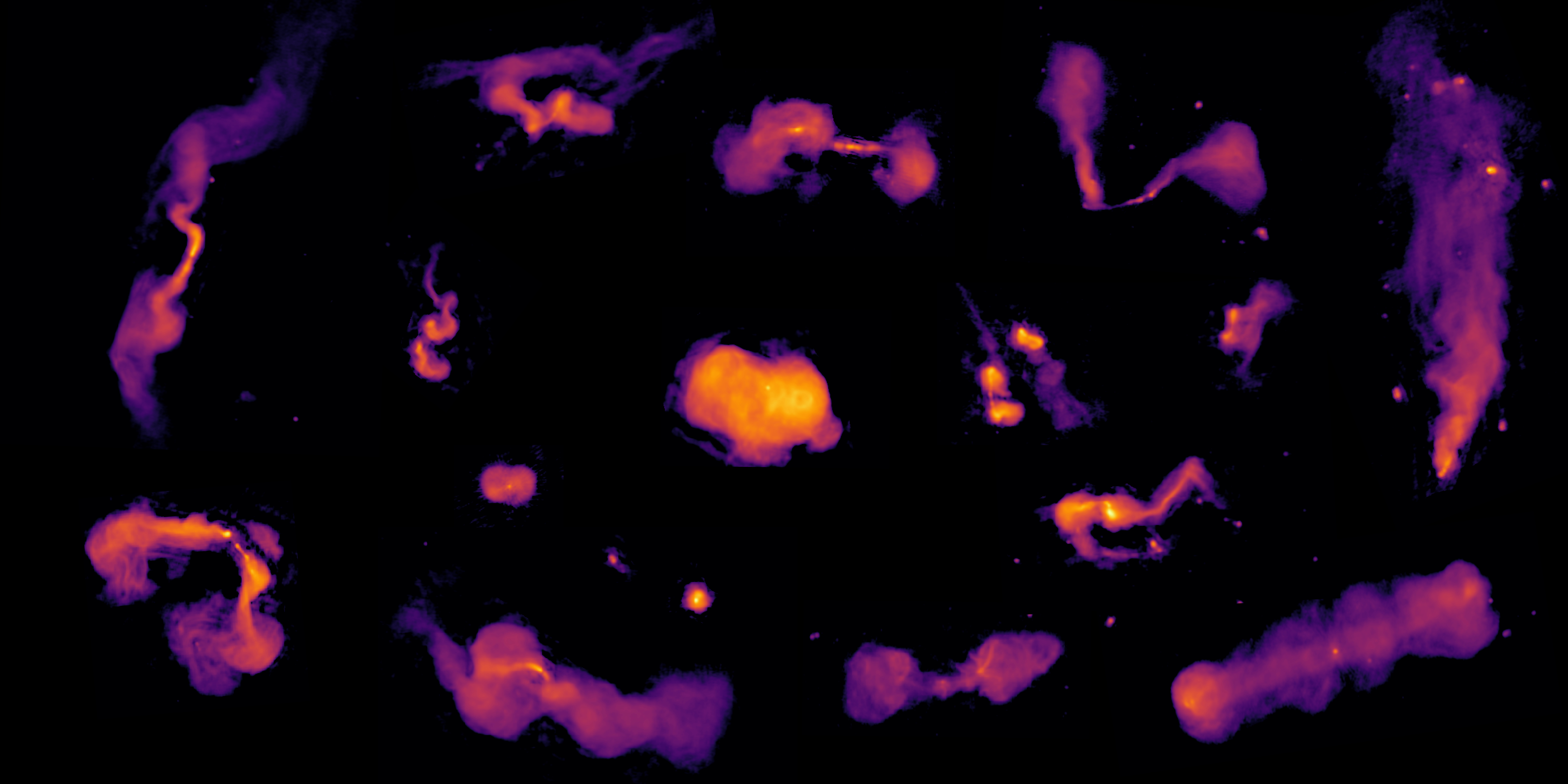 Różne typy radiogalaktyk zasilane energią supermasywnych czarnych dziur. Źrodło: Maya Horton and the LOFAR surveys collaboration
