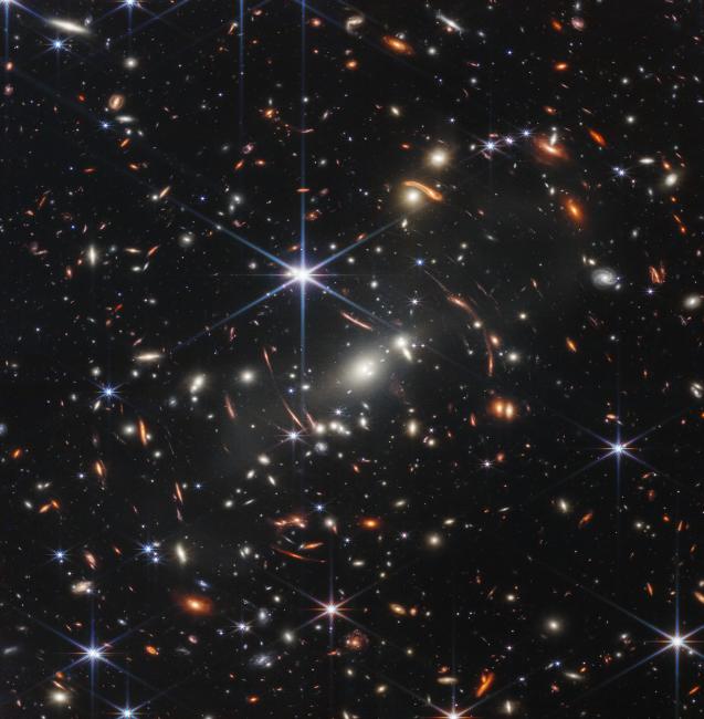 The SMACS 0723 galaxy cluster imaged by the James Webb Space Telescope.