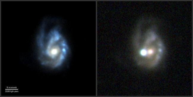 Superjasna supernowa SN 2027egm została odkryta 23 maja 2017 r. w ramach misji Gaia Europejskiej Agencji Kosmicznej. Wybuchła ona w masywnej galaktyce spiralnej NGC 3191, której zdjęcie sprzed wybuchu widoczne jest po lewej stronie. Zdjęcie po prawej stronie, wykonane 1 lipca 2017 r., pokazuje supernową, której jasność przewyższa jasność całej galaktyki. Źródło: Lewa strona: SDSS, PS1. Prawa strona: NOT+ALFSOC/Bose et al. 2020 