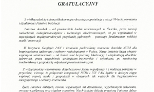 70 lat polskich badań jądrowych - listy gratulacyjne