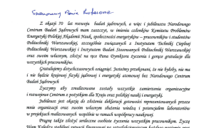 70 lat polskich badań jądrowych - listy gratulacyjne
