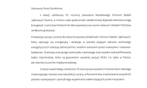 70 lat polskich badań jądrowych - listy gratulacyjne