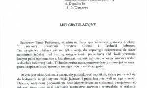 70 lat polskich badań jądrowych - listy gratulacyjne